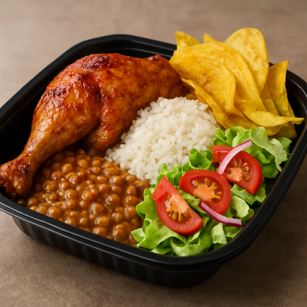 Pollo con Arroz, Menestra, Ensalada y Chifles