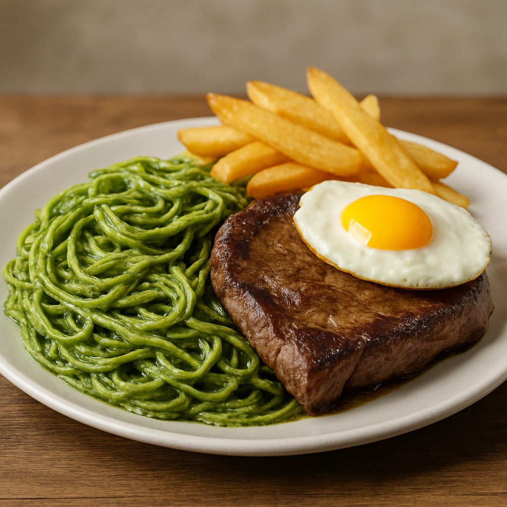 Beef steak a lo pobre con pasta verde