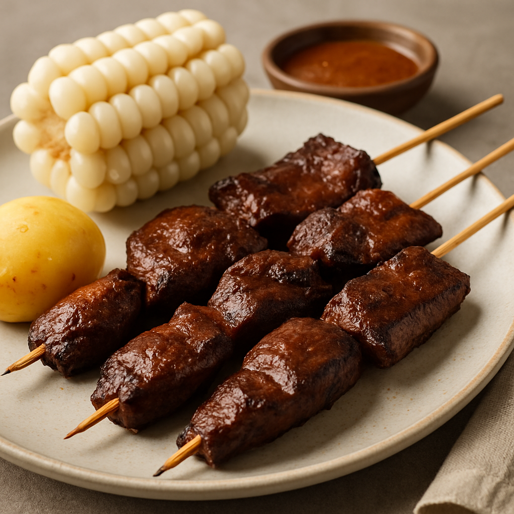 Anticuchos de Corazón con Choclo y Papa Sancochada
