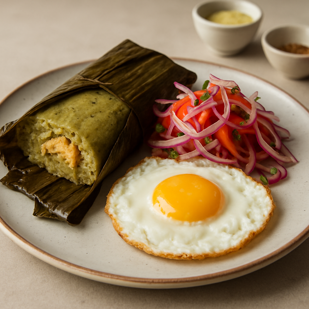 Tamal Verde con Salsa Criolla y Huevo Frito