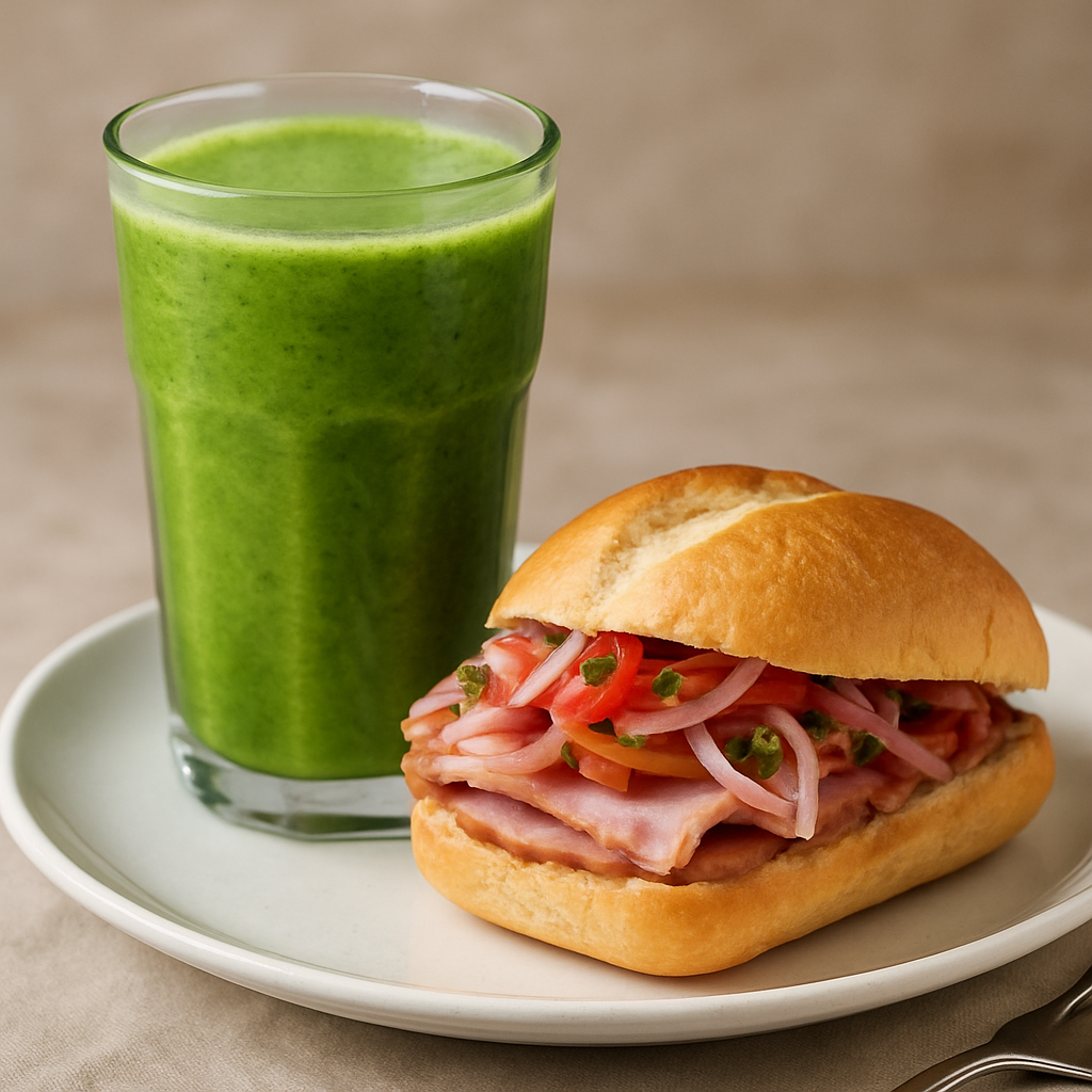 Jugo Verde Energizante con Sándwich de Jamón del País
