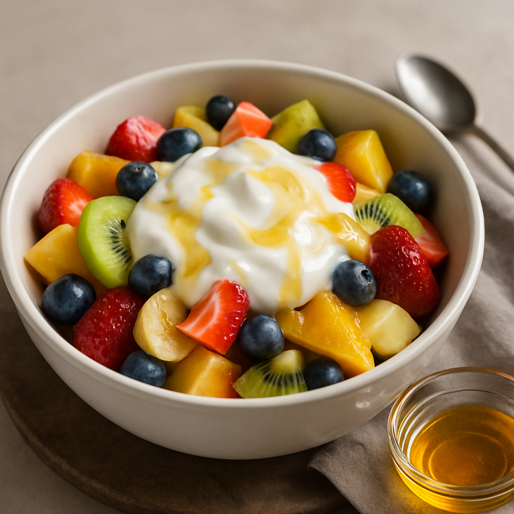 Ensalada de frutas + miel + yogurt