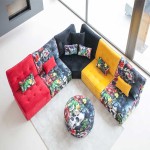 Mah Jong Sofa; Striped Lines Oriental Flowers Pattern Adjustable Backs