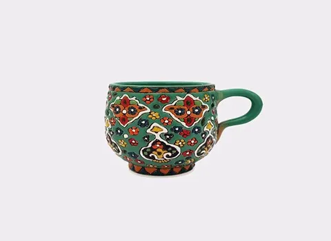 لیوان سفالی بزرگ؛ طرح دار ساده 3 رنگ آبی سفید قرمز