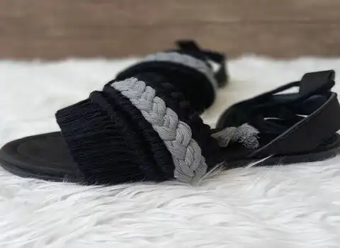 صندل مکرومه بافی مشکی؛ دستباف سبک الیاف طبیعی راحت sandal