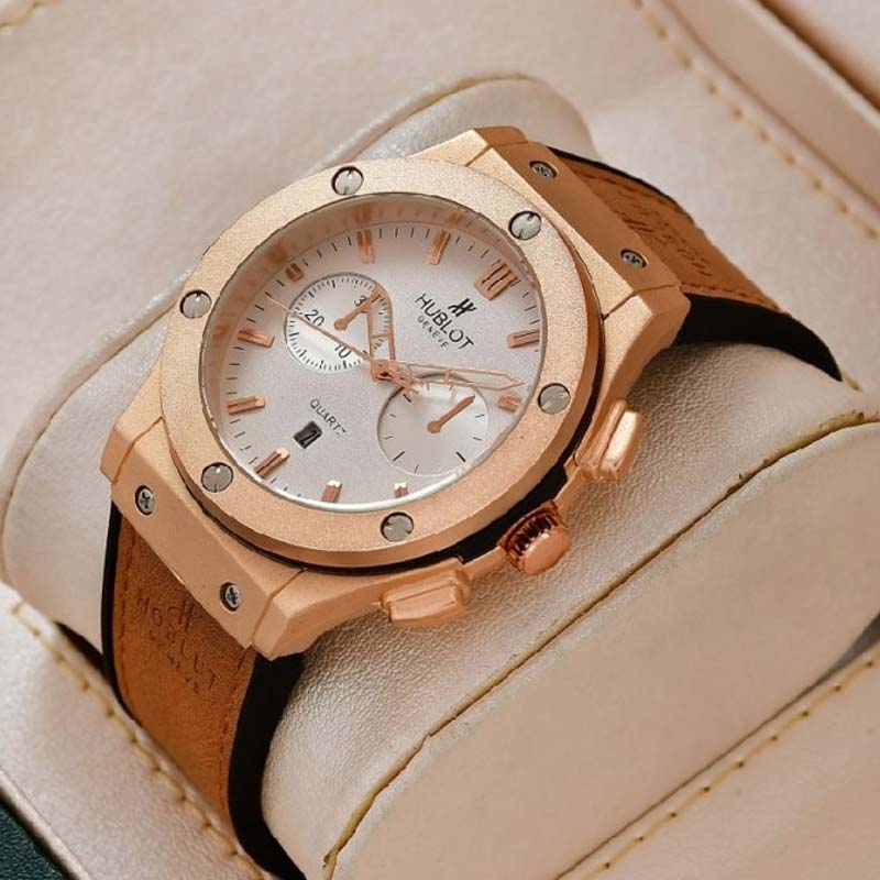 ساعت مچی hublot geneve ضد آب 3 موتوره بند چرمی مسی