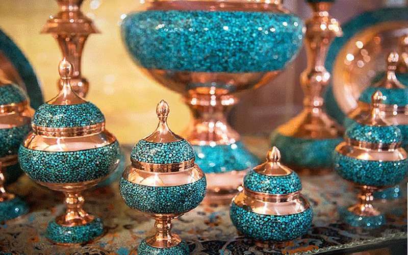 فیروزه کوبی آقاجانی؛ مسی برنجی رنگ آبی فیروزه ای هنر دست کیفیت بالا