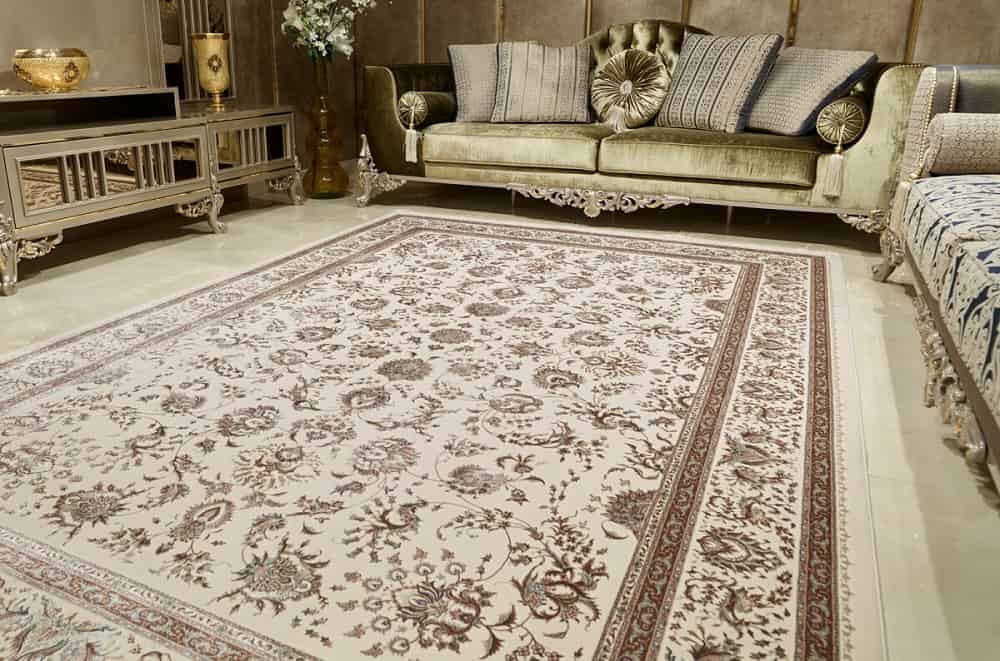 فرش 12 متری هریس؛ پشمی ابریشمی 5 رنگ لاکی کرم گردویی سرمه ای آبی