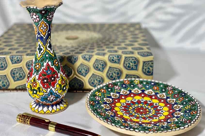 میناکاری روی سفال؛ گلدان شکلات خوری 2 رنگ سبز آبی بسیار سبک سخت