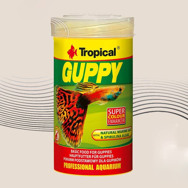 غذا ماهی گوپی؛ بسته بندی قوطی پلاستیک مواد معدنی (ویتامین پروتئین)