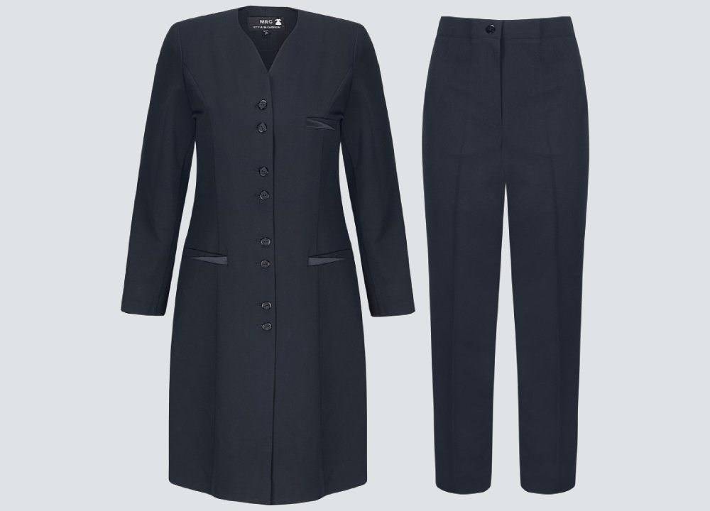 لباس فرم اداری؛ مانتو شلوار مقنعه سیاه سفید سورمه ای مقاوم