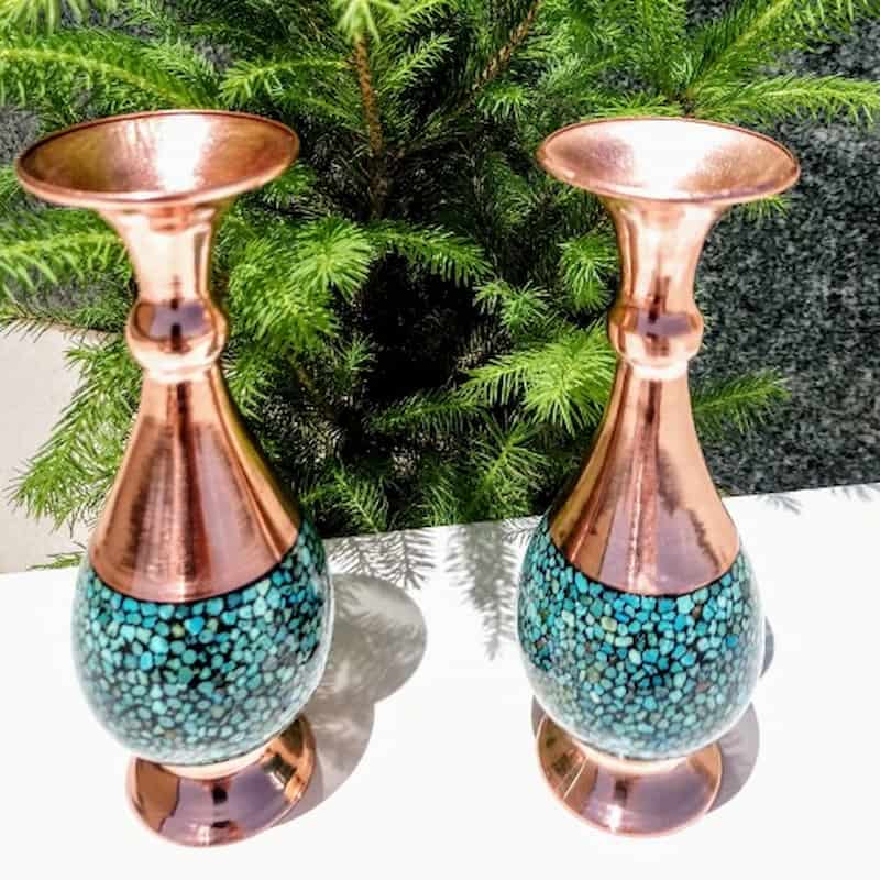 گلدان فیروزه کوبی 16 سانتی؛ مسی سرامیکی برنزی سنگ قیمتی نیشابور