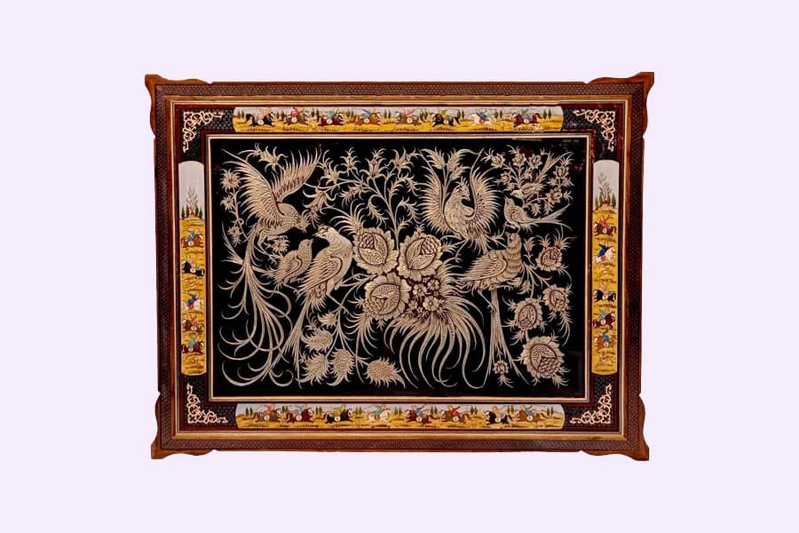 تابلو قلم زنی روی مس؛ قاب چوبی فلزی طرح طبیعت شاهنامه عاشقانه