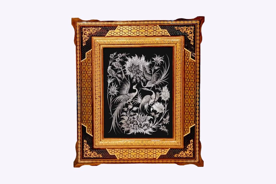 تابلو قلم زنی؛ مربع مستطیلی طرح عاشقانه طبیعت شاهنامه