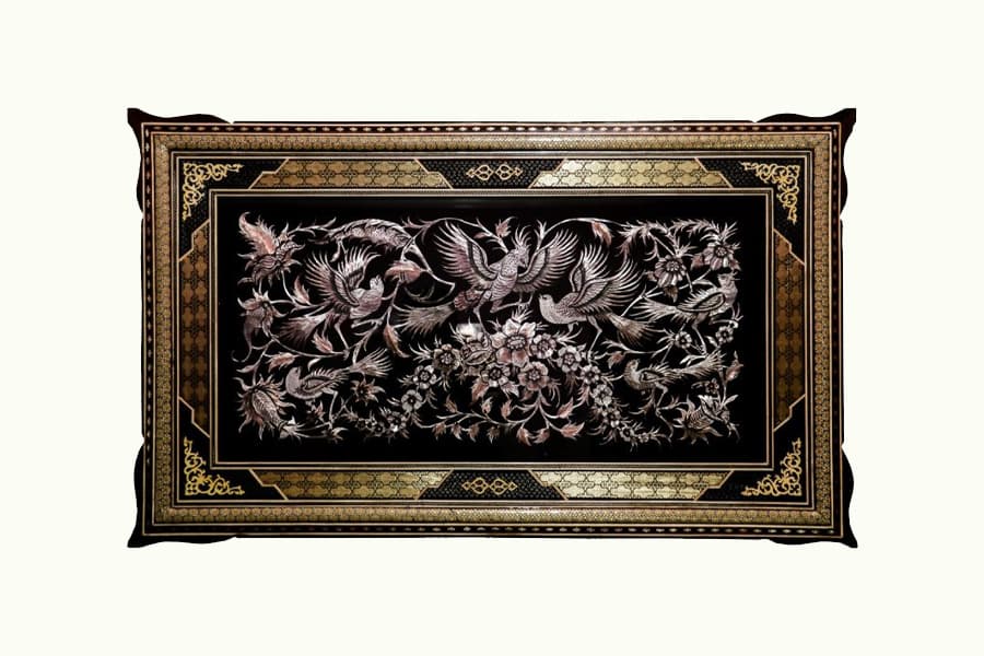 تابلو قلم زنی گل و مرغ؛ مس نقره 2 قاب فلز چوب