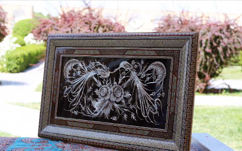 تابلو قلم زنی اصفهان؛ نقره مس دسته هنر سیاه قلم