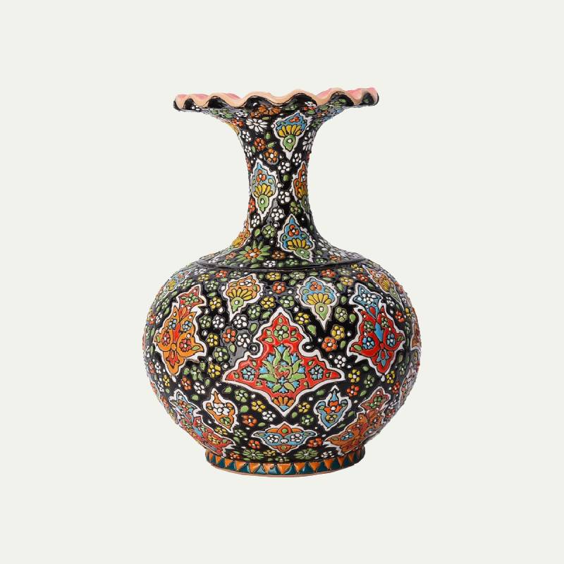 گلدان میناکاری روی سفال؛ استوانه ای موشکی گرد 3 رنگ لاجوردی فیروزه ای سبز