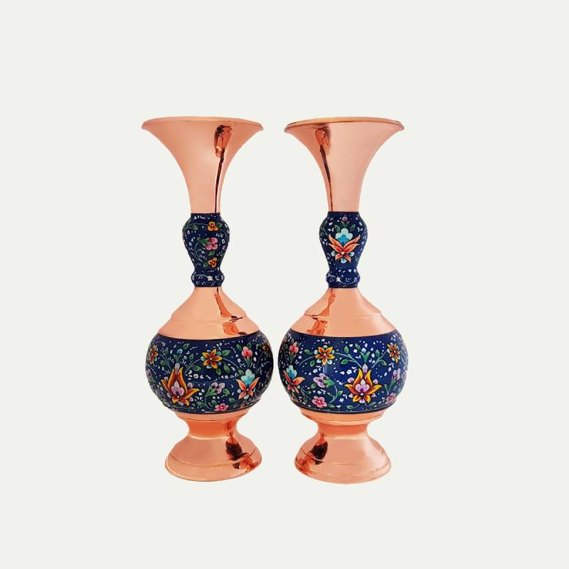 گلدان میناکاری روی مس؛ طرح ختایی گل مرغ اسلیمی مناسب دکوراسیون