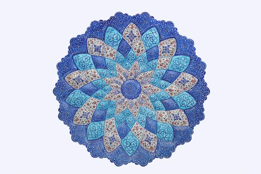 ظروف مینا کاری اصفهان؛ بشقاب شکلات خوری گلدان 2 رنگ آبی سبز