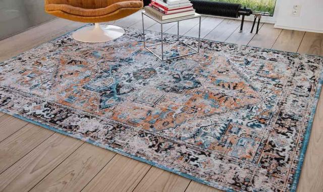 فرش 1500 شانه 9 متری؛ مدرن فانتزی 3 رنگ آبی قرمز گردویی