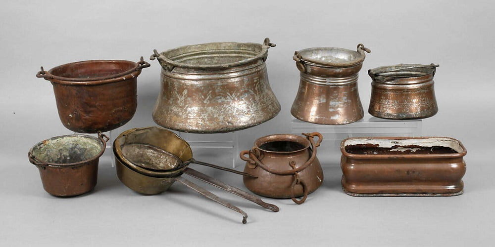 ظروف مسی کهنه؛ قلمکاری میناکاری فیروزه کوبی مسگری مدل 4 6 7 شعله