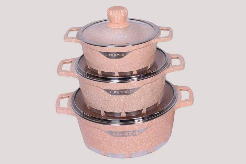 قابلمه سرامیکی life smile (دیگ) دارای 3 قابلمه درب دار نچسب