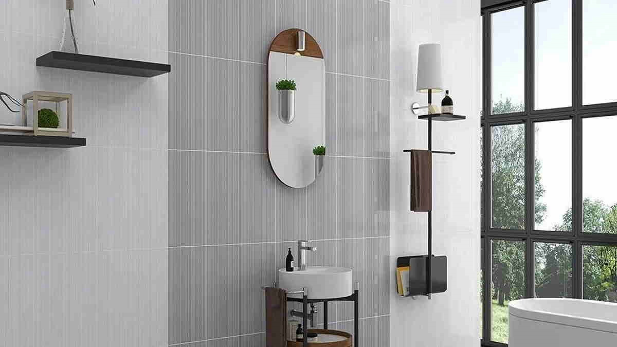 کاشی دستشویی؛ سه بعدی پرسلانی کف سفید خاکستری آبی اتاق حمام