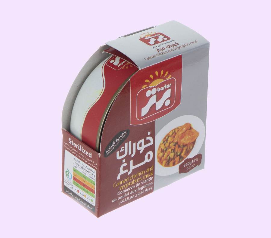 کنسرو خوراک مرغ؛ ترکیب نخود فرنگی ذرت قارچ مرغ بسته بندی 300 گرمی