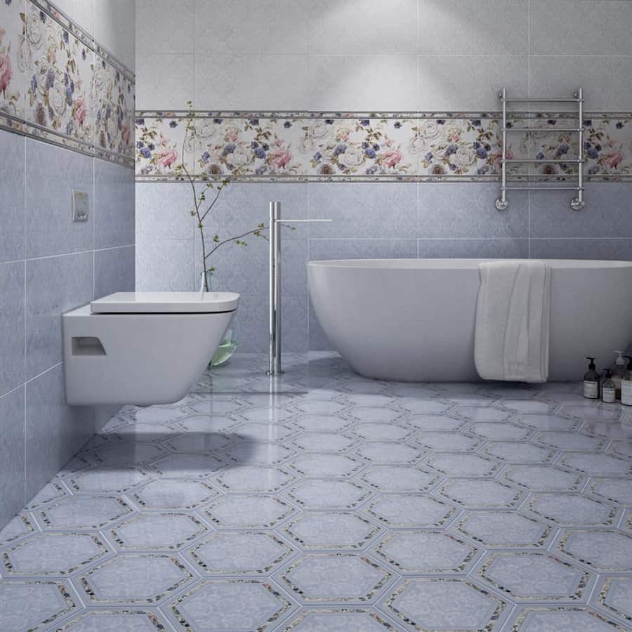 سرامیک طرح گل یخ؛ سفید کرمی آبی مقاوم مناسب حمام آشپزخانه