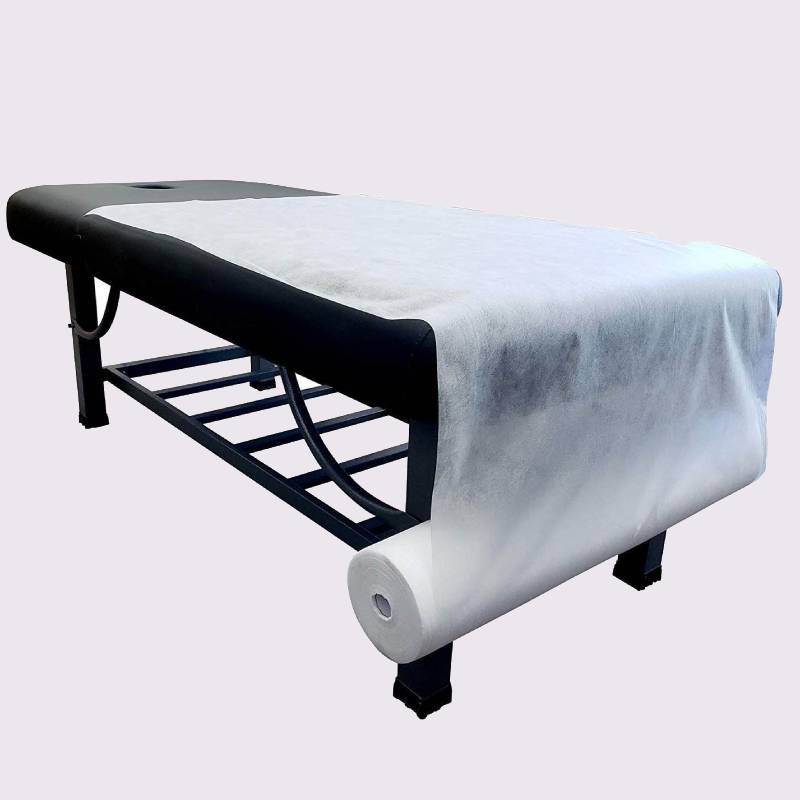 ملحفه رولی بیمارستانی؛ کشدار ساده پرفژدار رنگ سفید آبی جنس Span Bond