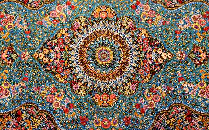 فرش اردکان طرح شکوفه (قالی) نخ پنبه پشم 2 رنگ لاکی سرمه ای