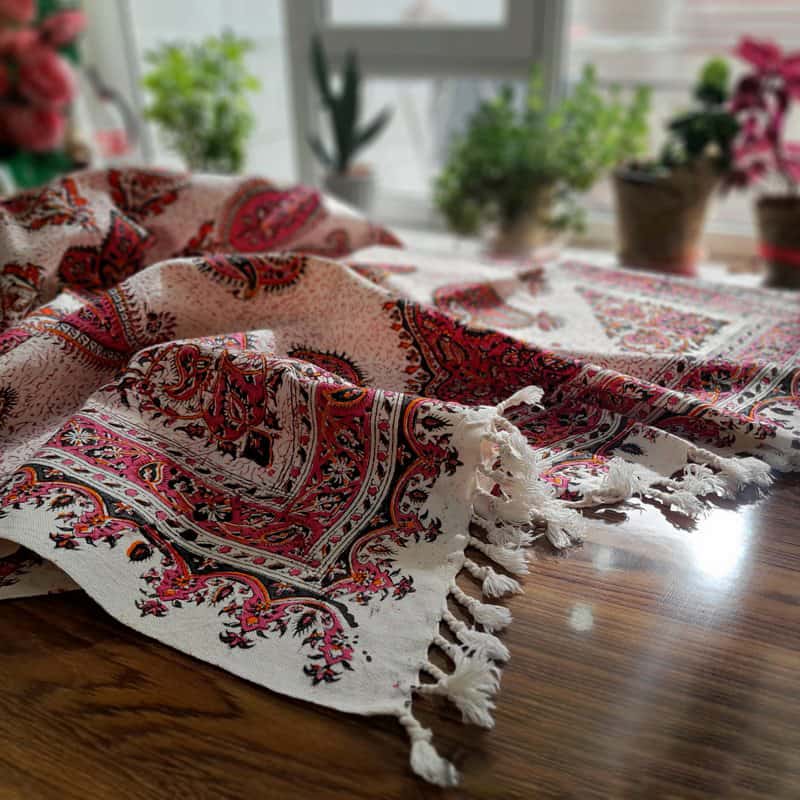 سفره قلمکار سبز؛ مینیاتوری اسلیمی بته جقه 2 جنس پنبه کتان