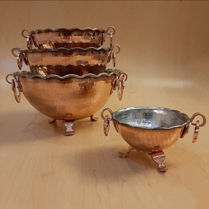 ظروف مسی گوشواره دار؛ میوه خوری سینی کاسه مناسب پذیرایی رسمی