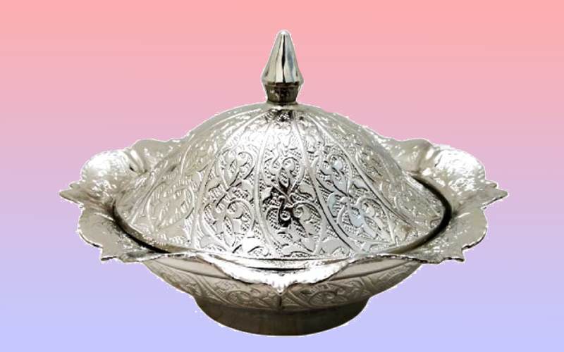 ظروف مسی نقره ای (قلم زنی) قندان سینی گلدان مناسب دکوراسیون خانه