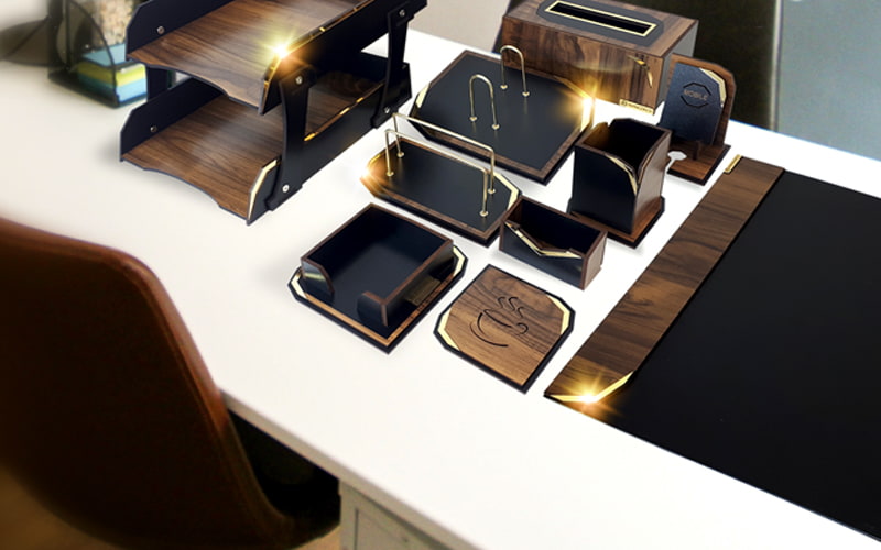 ست رومیزی مدیریتی مدرن؛ جا تقویم پانچ 2 جنس (چرمی چوبی)