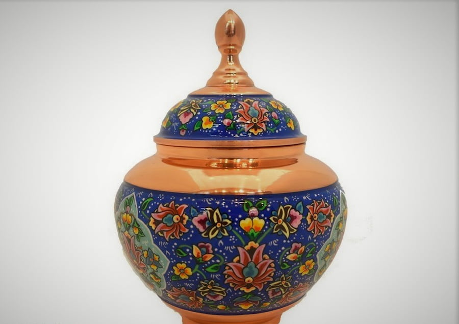 ظروف مسی میناکاری شده اصفهان؛ گلدان شکلات خوری 2 رنگ آبی لاجوردی فیروزه ای