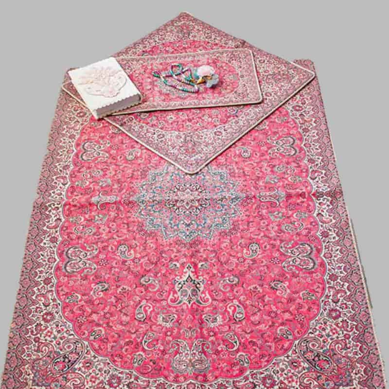 جانماز ترمه صورتی؛ سنتی اسلیمی 2 جنس ابریشم پشم