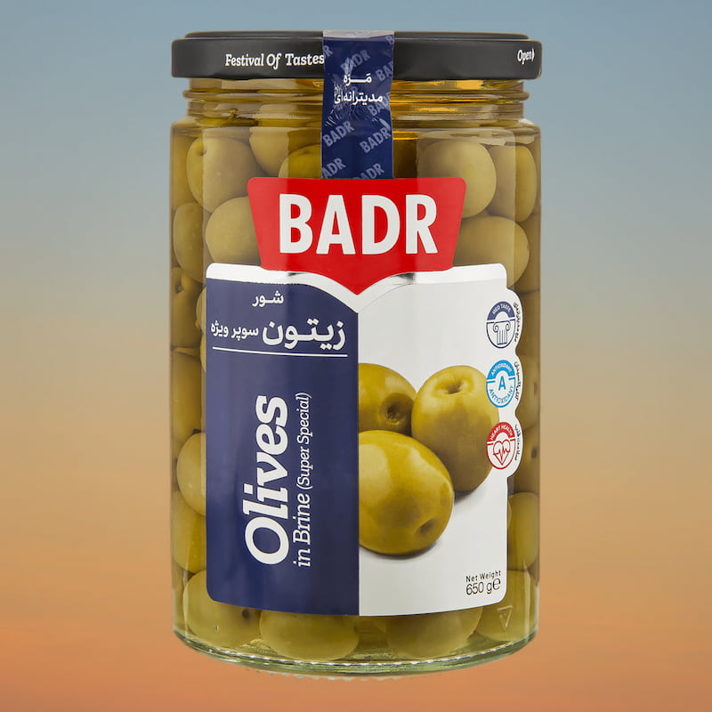 زیتون شور بدر؛ اسلایسی هسته دار شیشه ای حلبی (600 8000) گرم