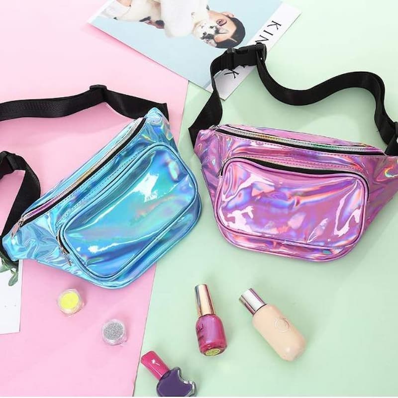 کیف کمری هولوگرامی؛ فانتزی چرم 3 رنگ سبز طلایی نقره ای