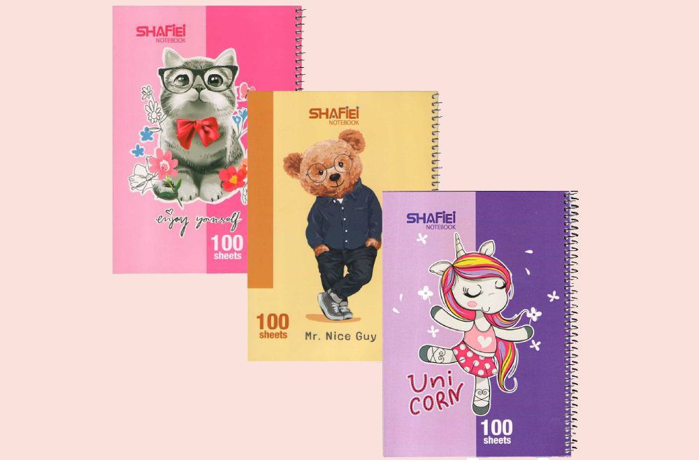 دفتر مشق 100 برگ؛ ساده سیمی جلد مقوا طلق 2 طرح هندسی فانتزی