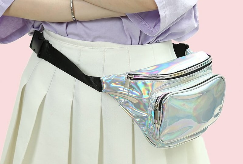 کیف کمری دخترانه هولوگرامی؛ زیپی 4 جیب (طلایی پلاتینی نقره ای) Holographic