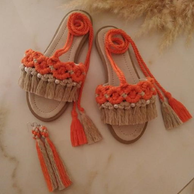 صندل مکرومه نارنجی؛ قالب استاندارد سایز (35 42) زیره منعطف کفی نرم