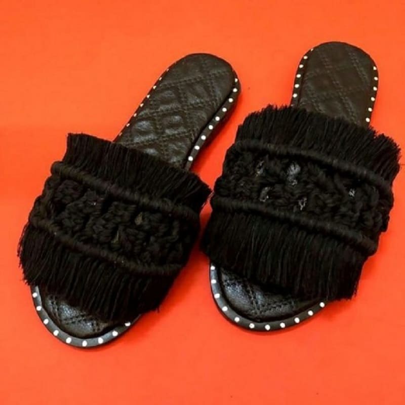 صندل مکرومه مشکی؛ دست ساز چرم مصنوعی 2 مدل پاشنه دار تخت