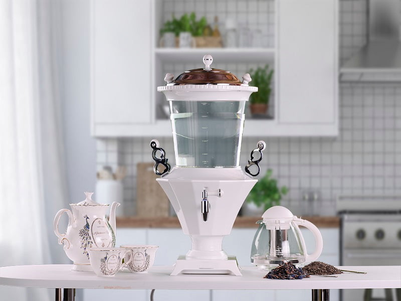 سماور برقی و قوری شیشه ای؛ استیل پیرکس چینی (1 3 5) لیتری