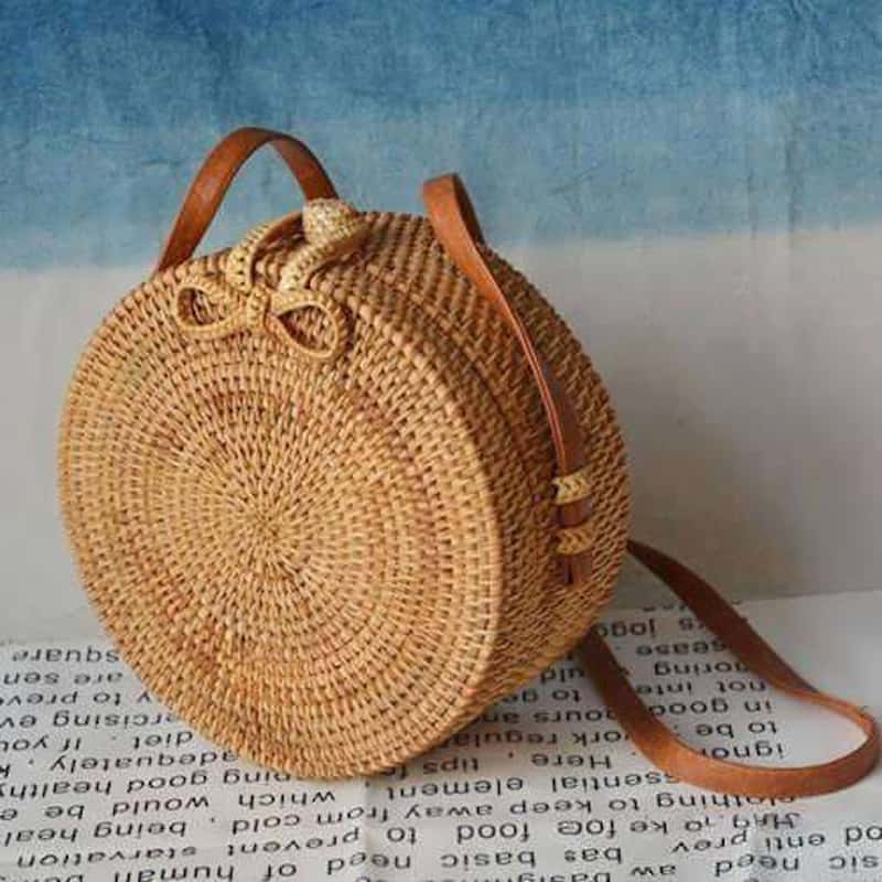 کیف حصیری گرد؛ دستی بافتنی شیک سفید مشکی طوسی