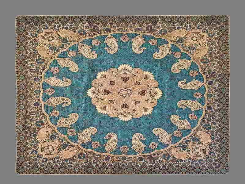 ترمه افشار؛ نخ ابریشم پشمی چند تکه یزد 2 رنگ کرم آبی فیروزه ای