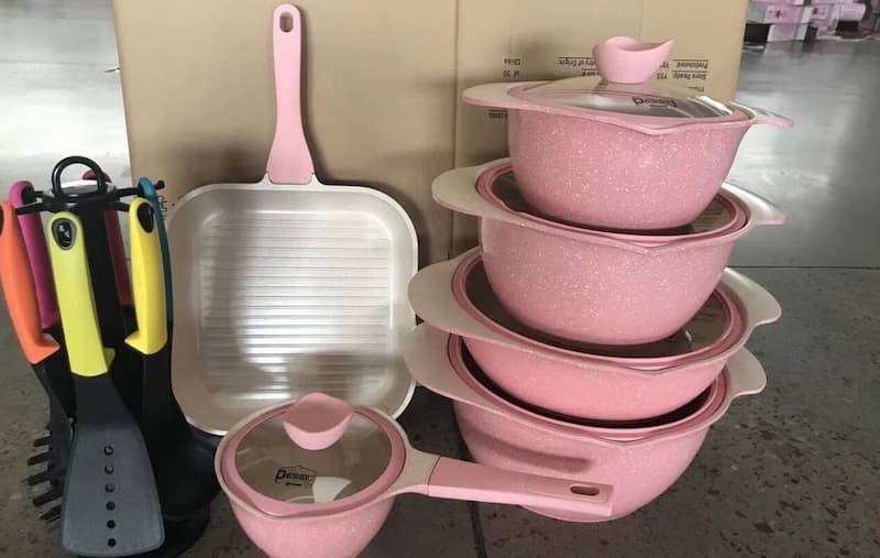 قابلمه سرامیکی سرویس؛ دسته دار فولاد ضد زنگ 3 رنگ کرمی مشکی قهوه ای