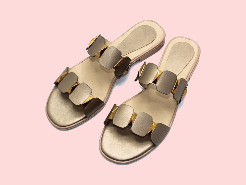 صندل طلایی زنانه؛ چرم مصنوعی طبیعی 3 نوع تخت پاشنه بلند مجلسی