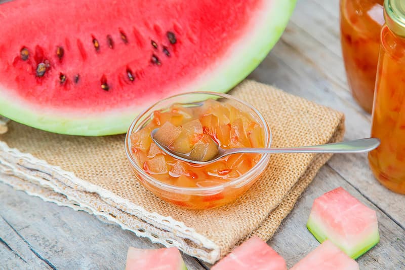 مربا هندوانه؛ شکر قهوه‌ای 2 طعم هل زعفران بدون آهک Watermelon