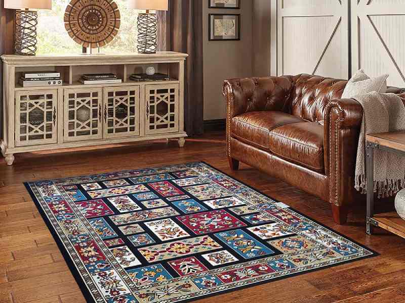 گلیم فرش ماشینی سهند؛ کرک پشم آبی قرمز بادوام Sahand